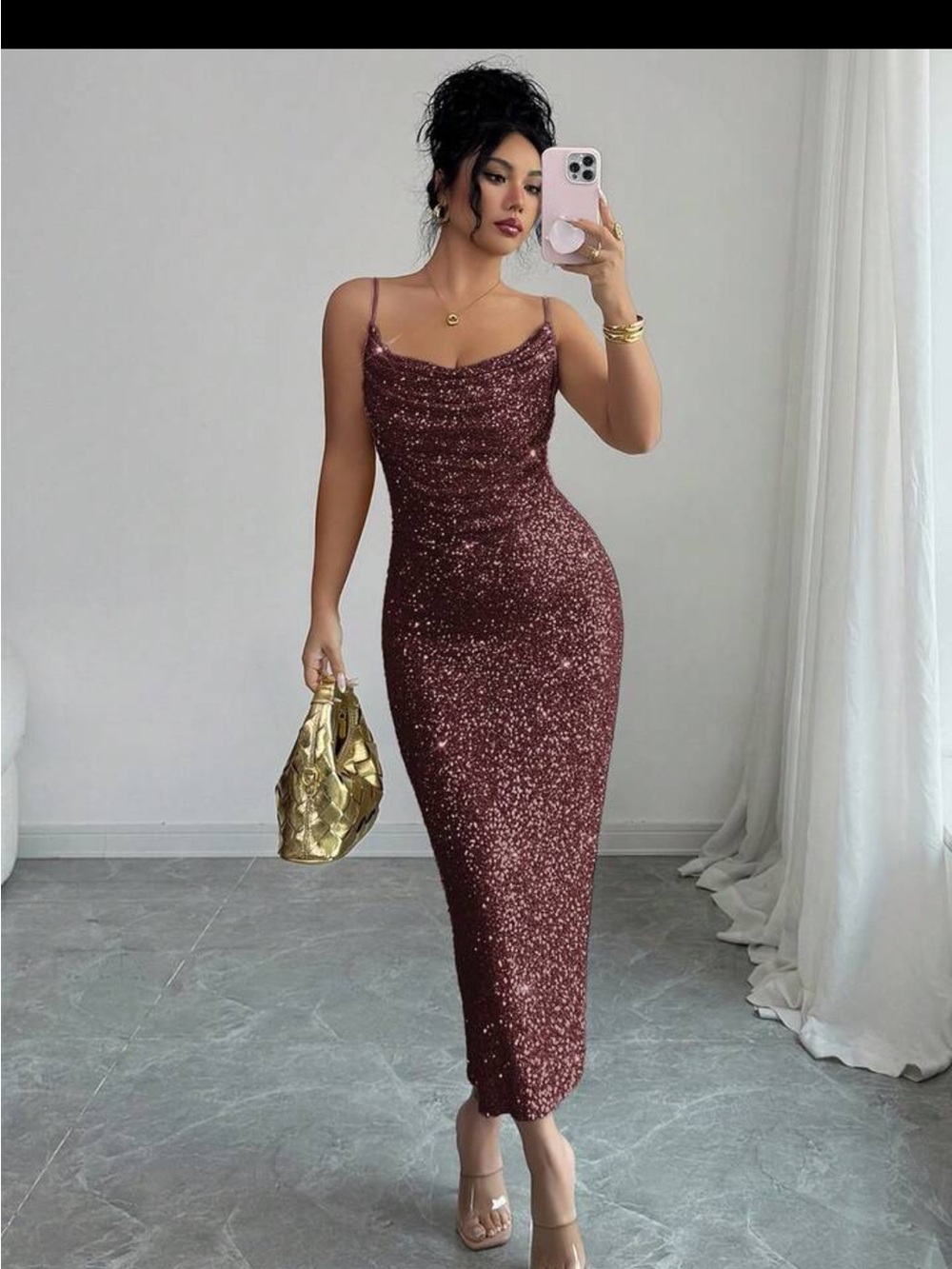 SHEIN Burgundy Sequin Cowl Maxi Dress - Picture 3 of 3